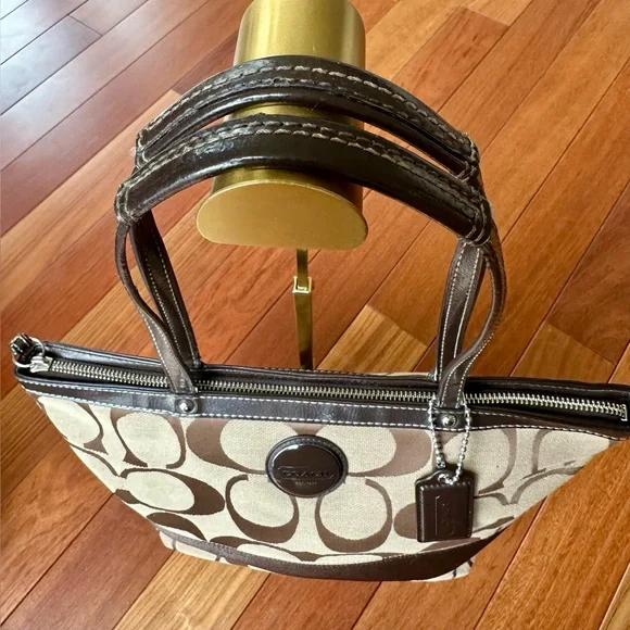 Coach Signature Monogram Khaki/Brown Stripe Tote/Shoulder Bag - Picture 6 of 11